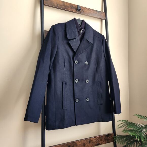 Kenneth Cole Men's Black Wool Blend Double Breasted Classic Peacoat Size L - Picture 3 of 9